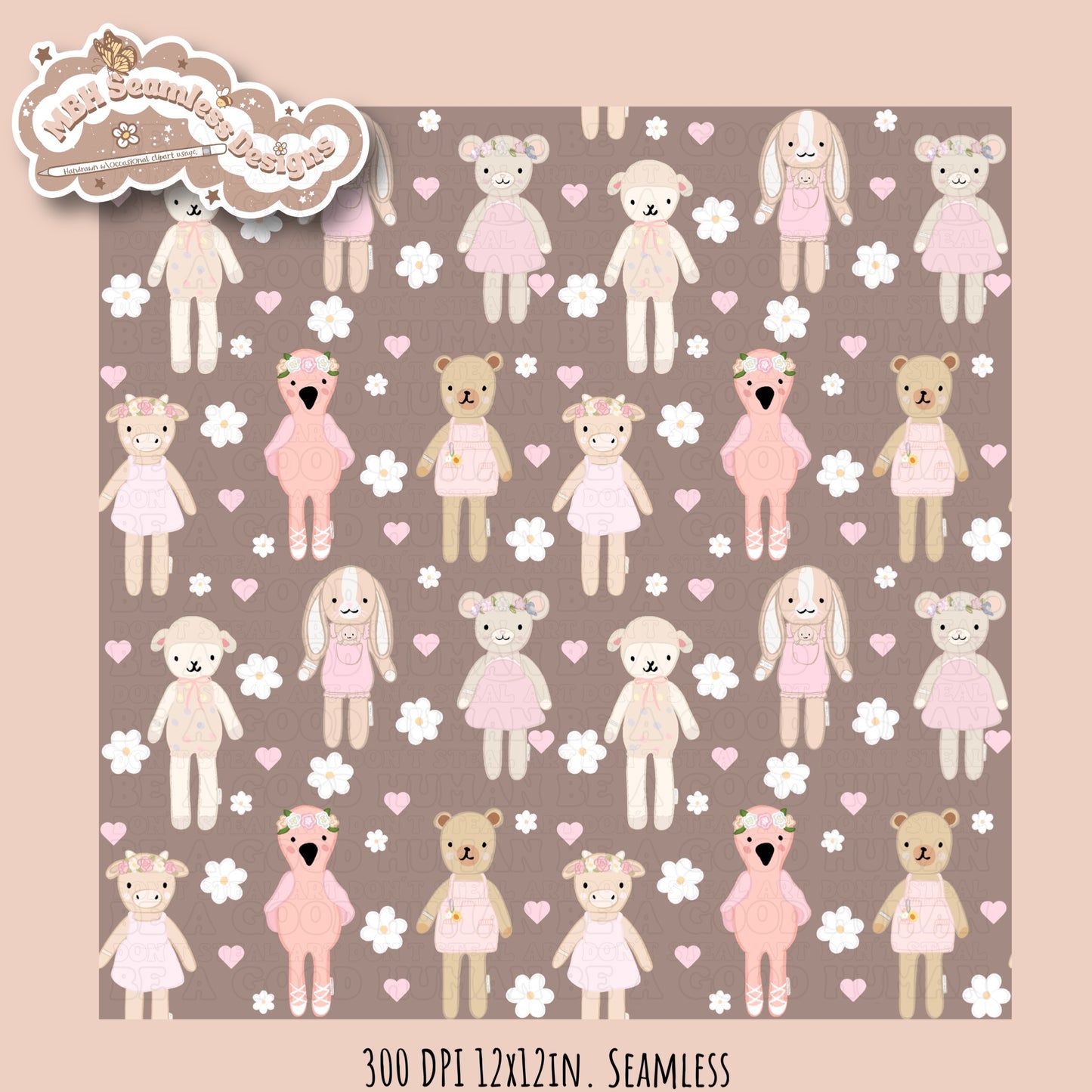 Cuddle + Kind Dolls Dainty Floral Hearts Seamless Pattern // Multiple Colorways