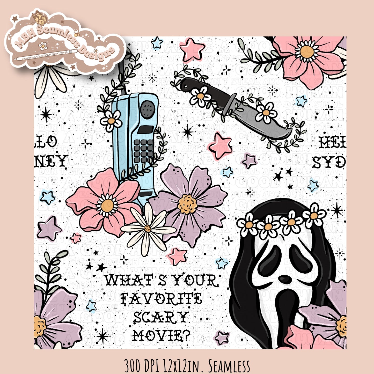 Scream x Tattoo Floral Seamless Pattern // PNG //Multiple Colorway Options