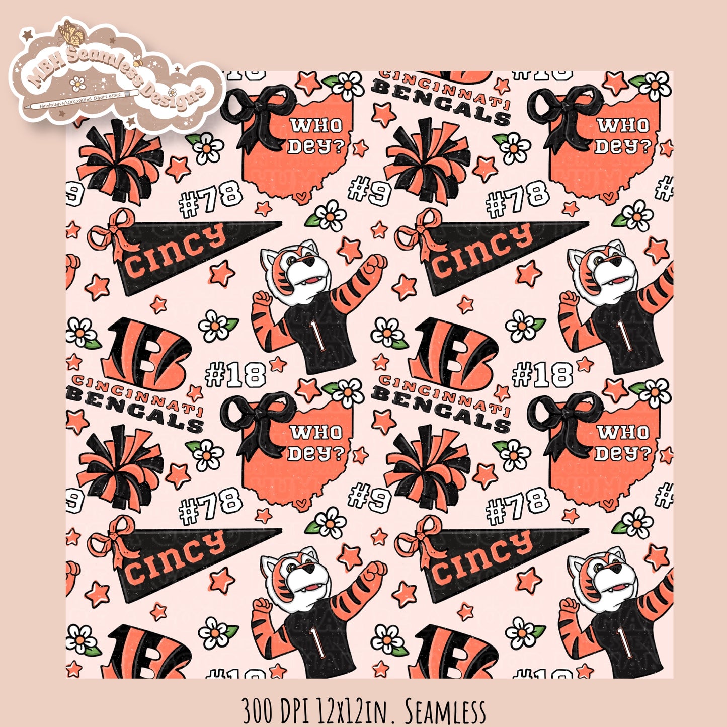 Bengals x Daisies Football Seamless Pattern // Assorted Colorways