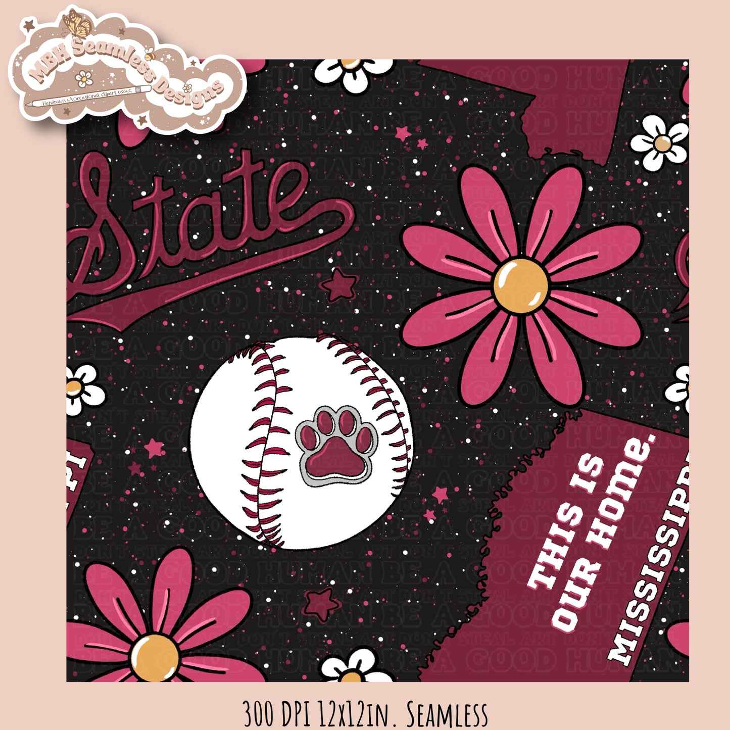 Mississippi State Softball Seamless Pattern MULTIPLE COLORWAYS