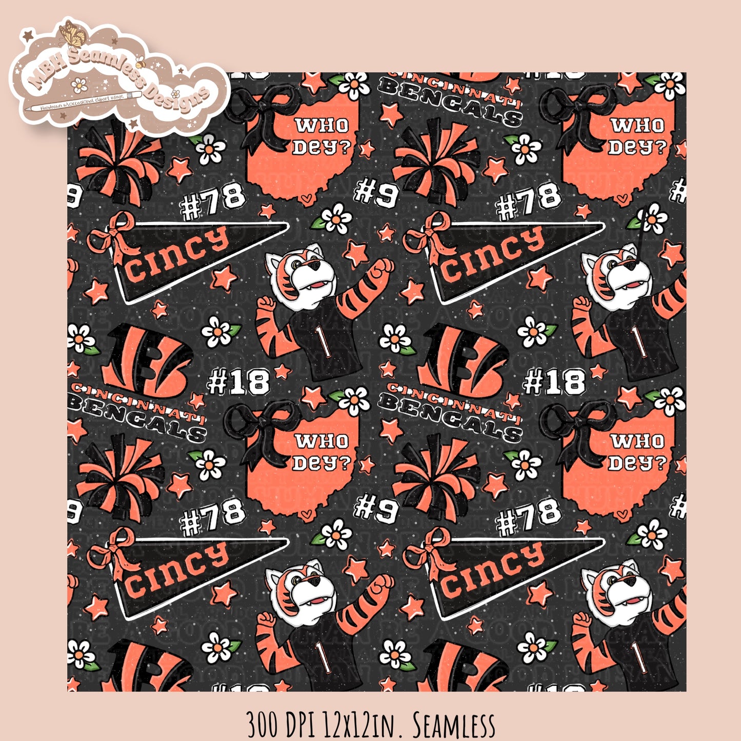 Bengals x Daisies Football Seamless Pattern // Assorted Colorways