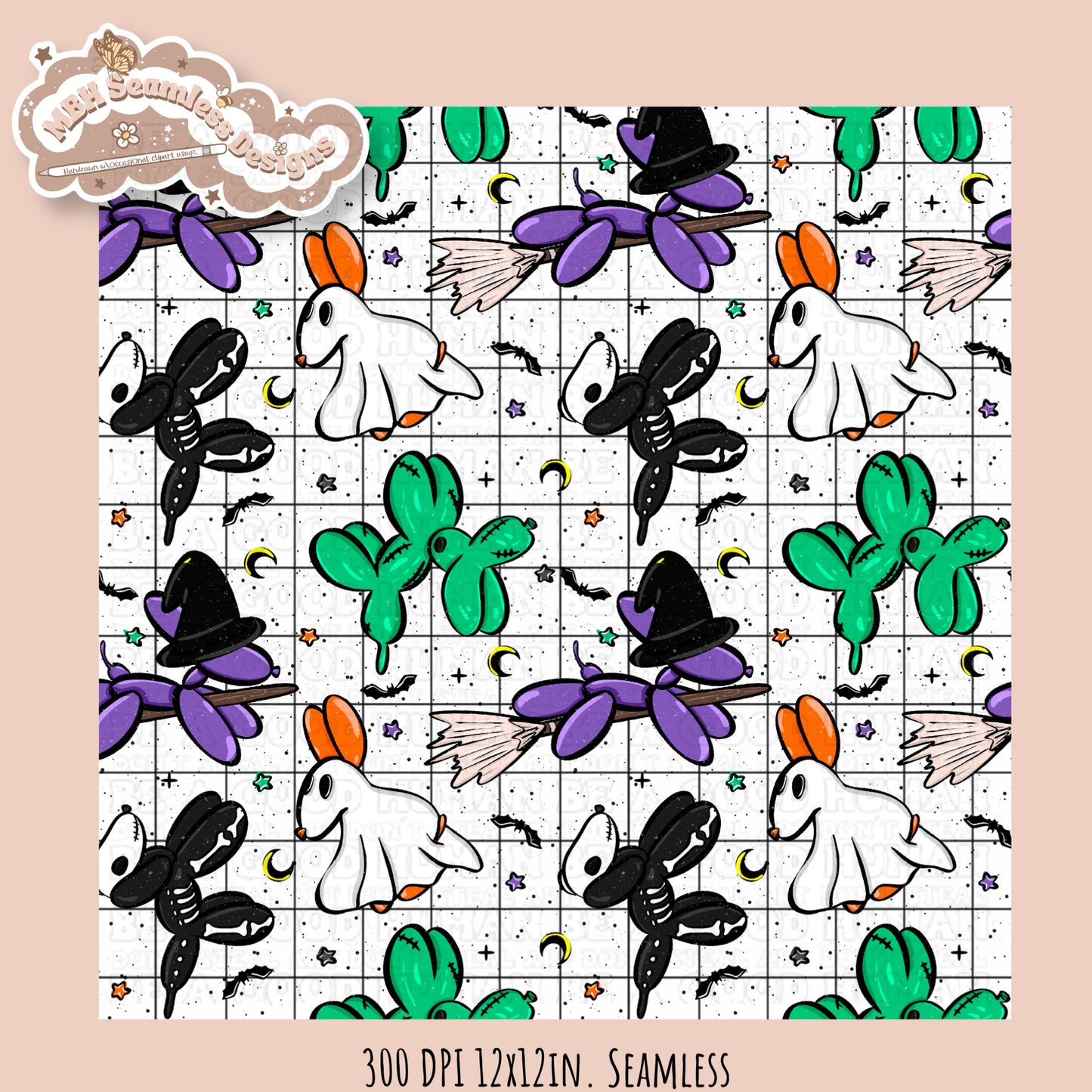 Halloween Balloon Dogs Seamless Pattern // PNG // Assorted Colorways