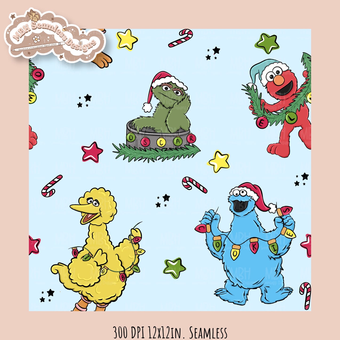 Christmas Sesame Street Seamless Pattern // PNG // Assorted Colorways