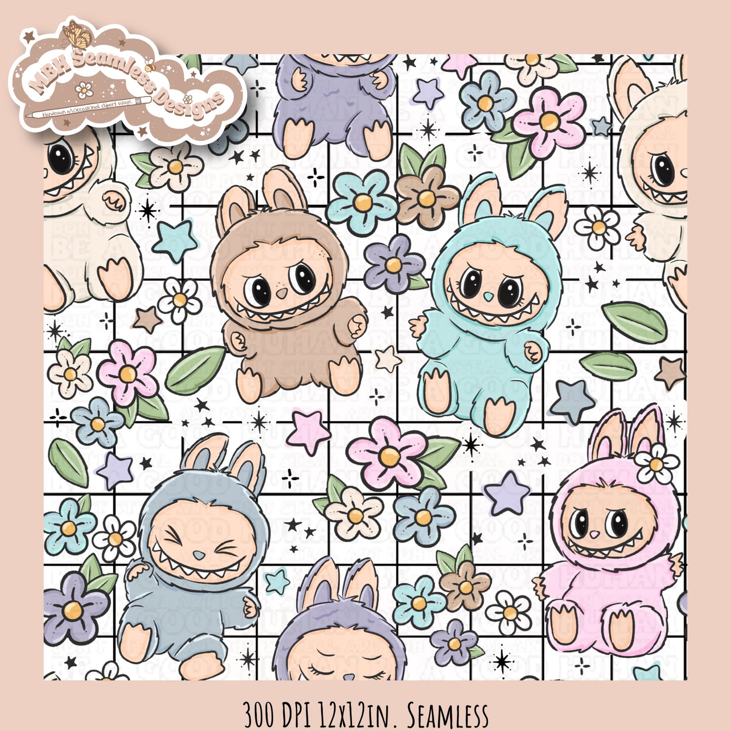 Labubu Floral Seamless Pattern & PNGs Assorted Colorway Options