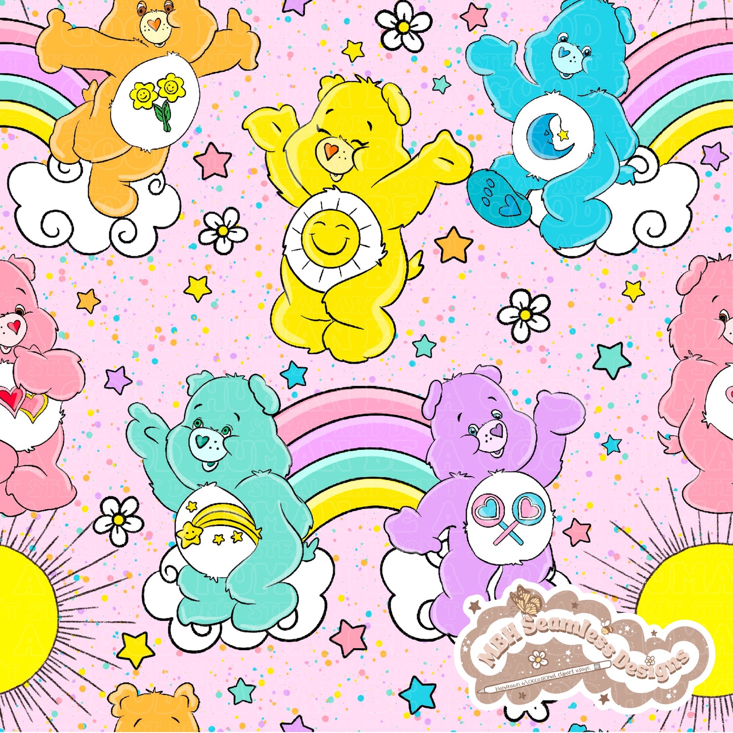 Starry Daisy Care Bears Seamless Pattern & PNG MULTIPLE COLORWAYS