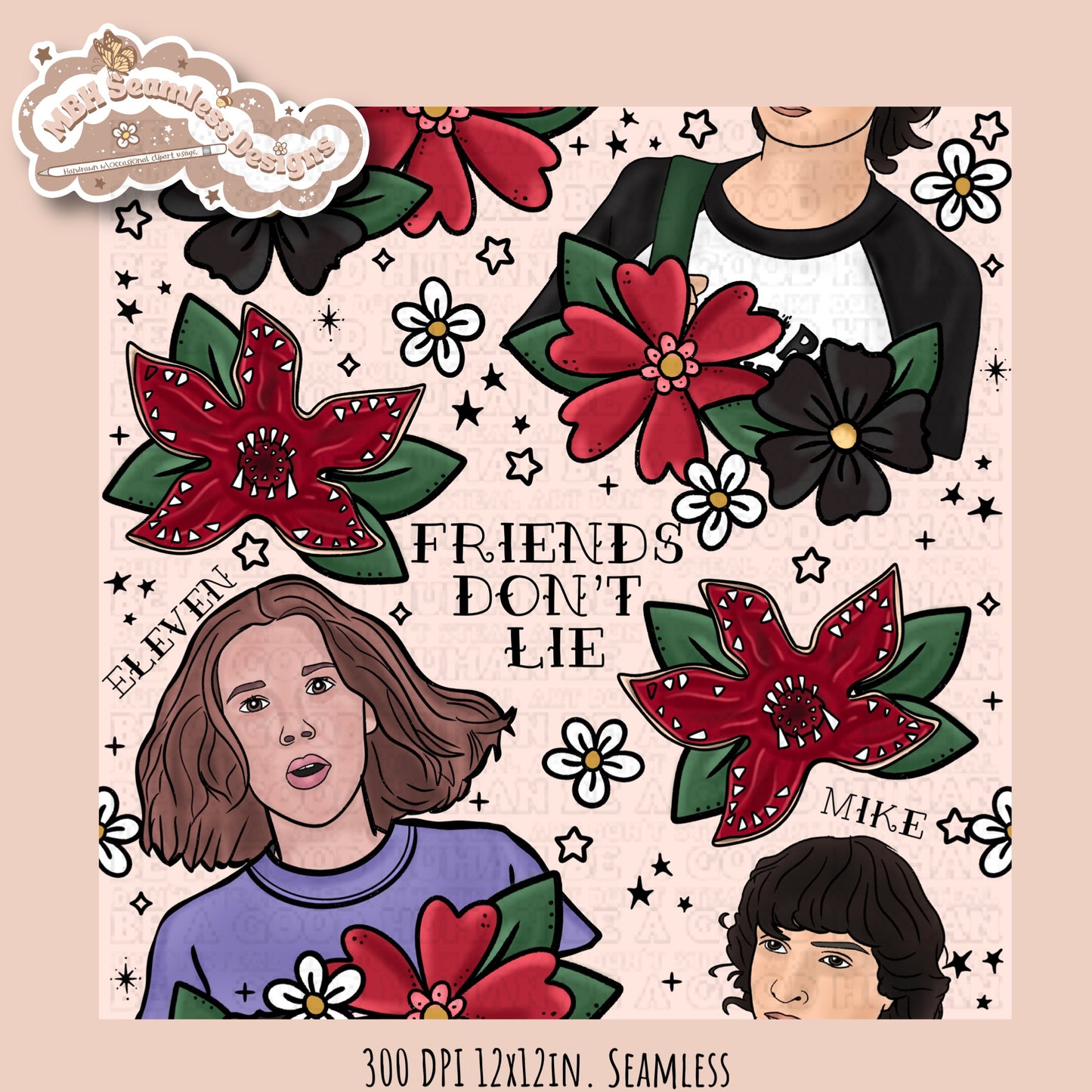 Stranger Things x Tattoo Floral Seamless Pattern // PNG //Multiple Colorways