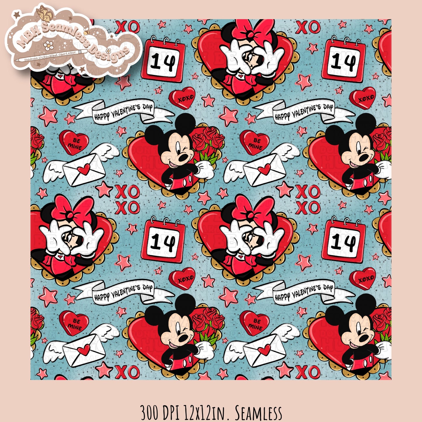 Mouse Hearts Valentine Seamless Pattern Multiple Colorways