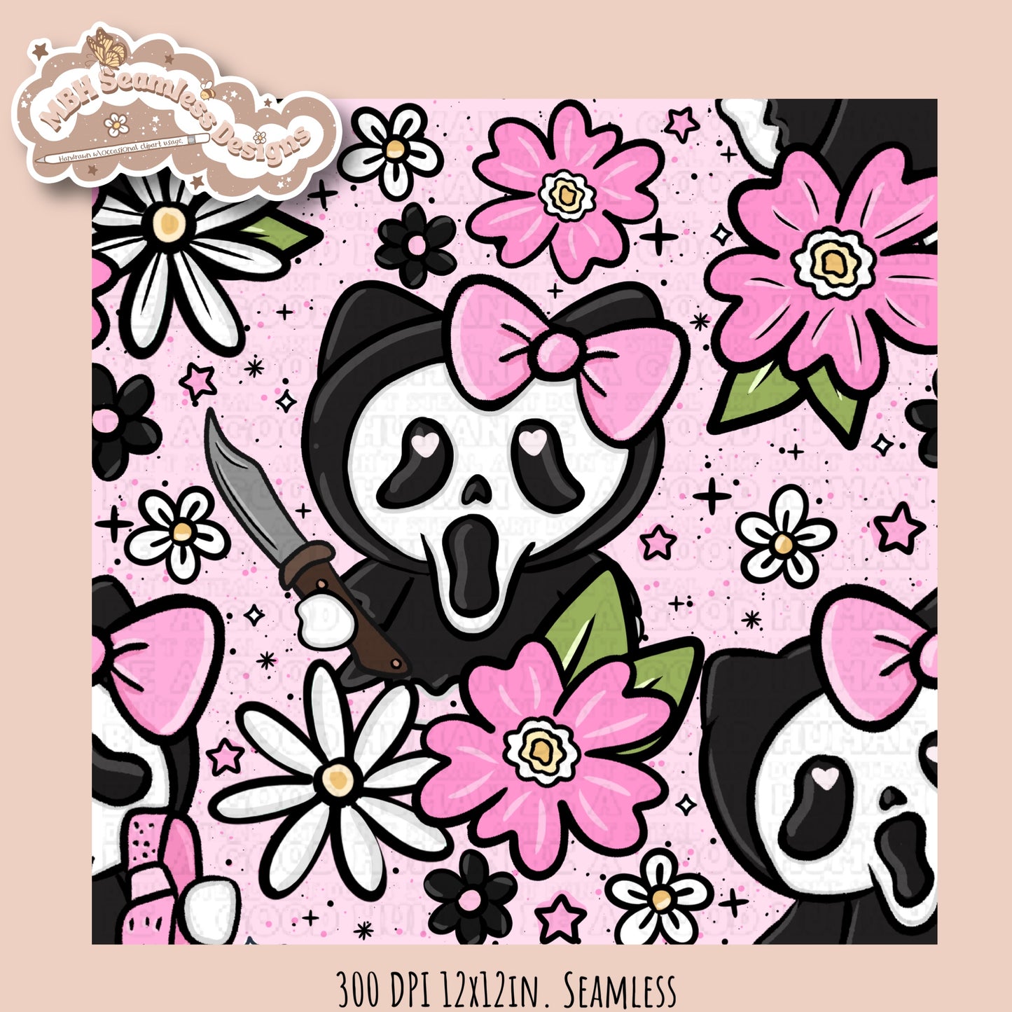 HK X Scream Tattoo Floral Seamless Pattern // PNG // Multiple Colorway Options