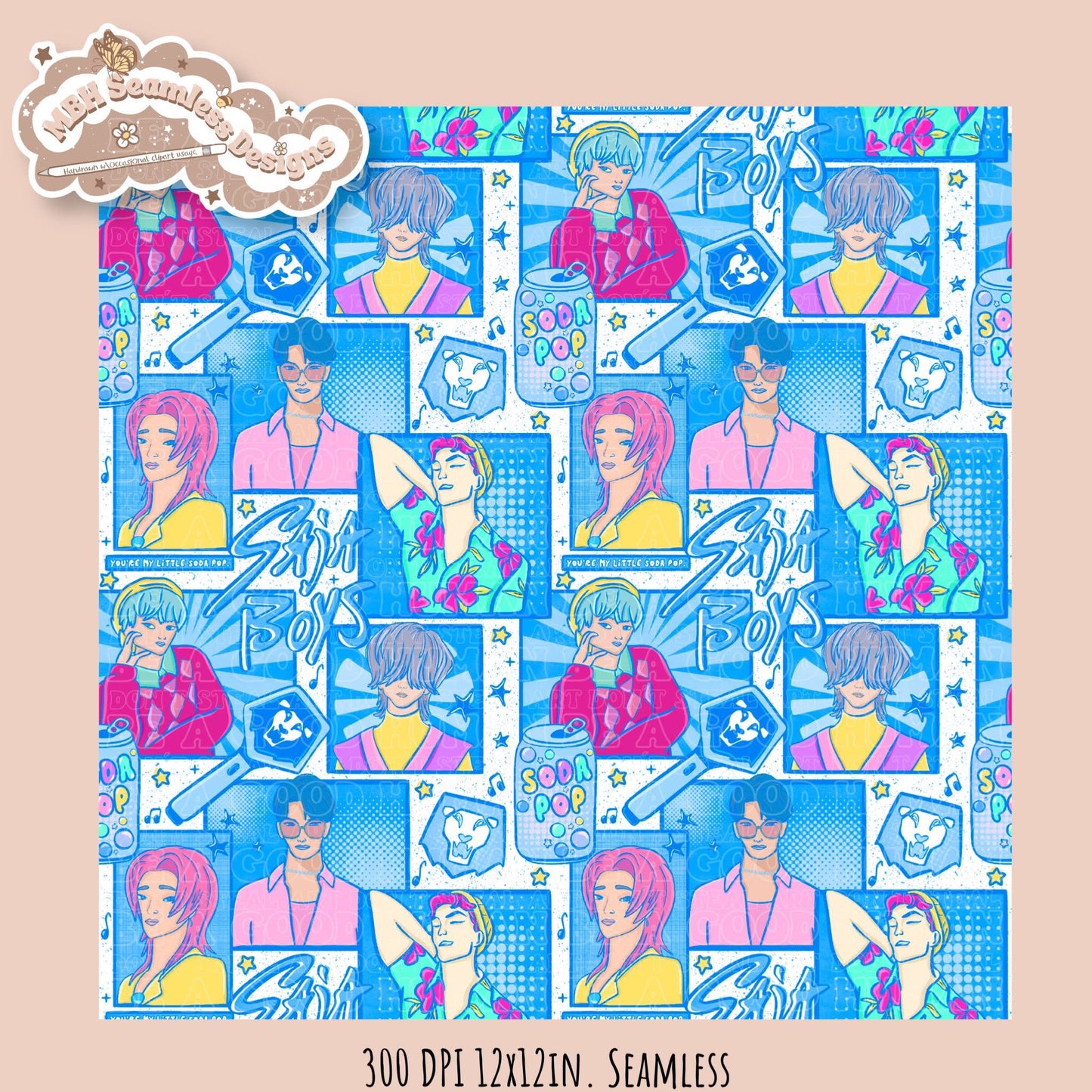 Blue Comic Soda Pop Boys Seamless Pattern // Assorted Colorway Options