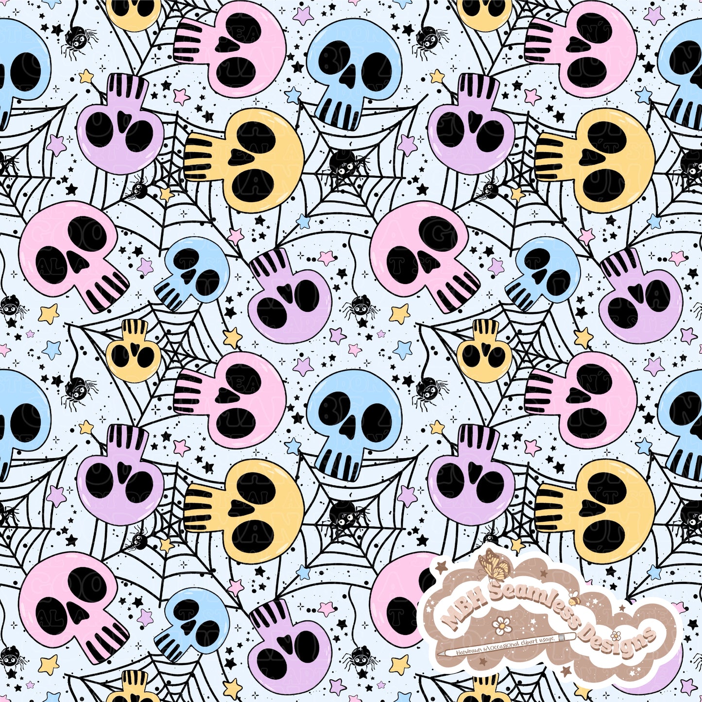 Pastel Spiderweb Skulls Seamless Pattern // COORDS • MULTIPLE COLORWAYS