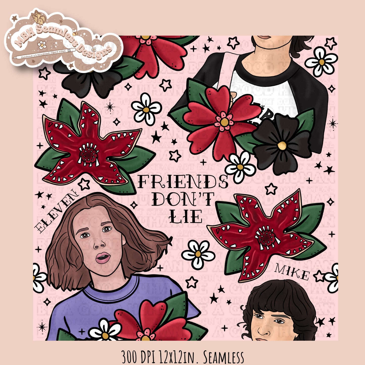 Stranger Things x Tattoo Floral Seamless Pattern // PNG //Multiple Colorways