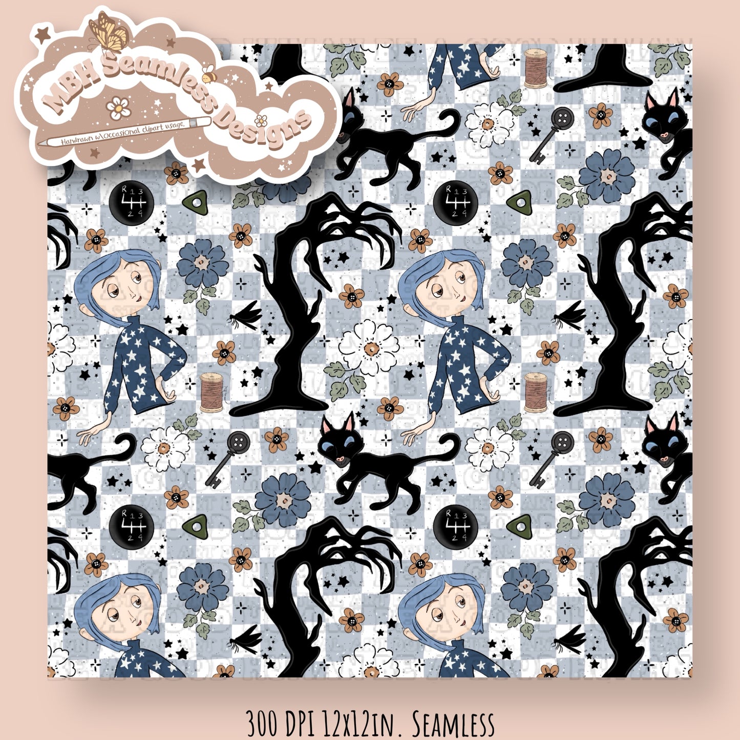EXCLUSIVE Boho Floral Button Eye Girl & Coordinate Seamless Pattern (NO FABRIC SHOPS)