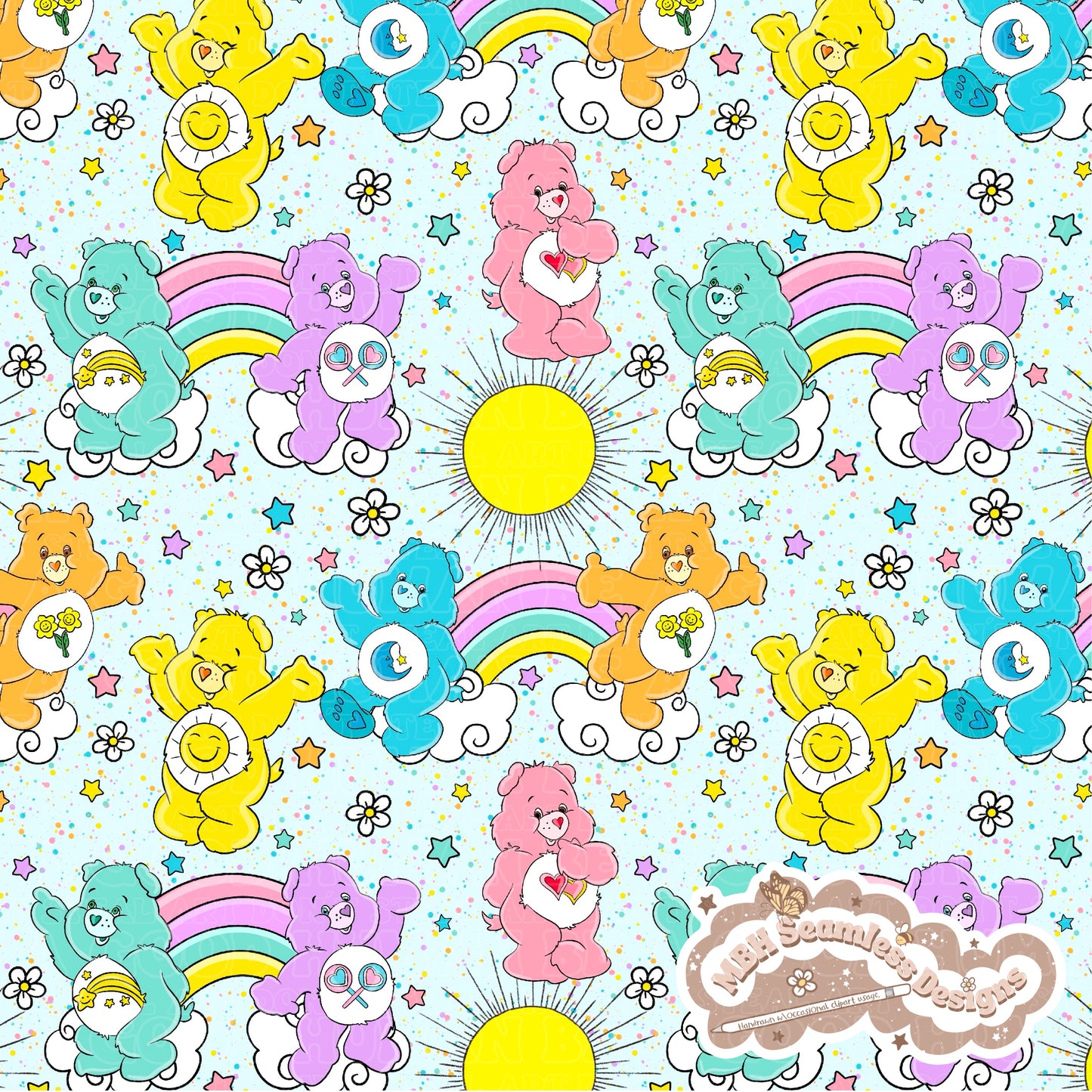 Starry Daisy Care Bears Seamless Pattern & PNG MULTIPLE COLORWAYS