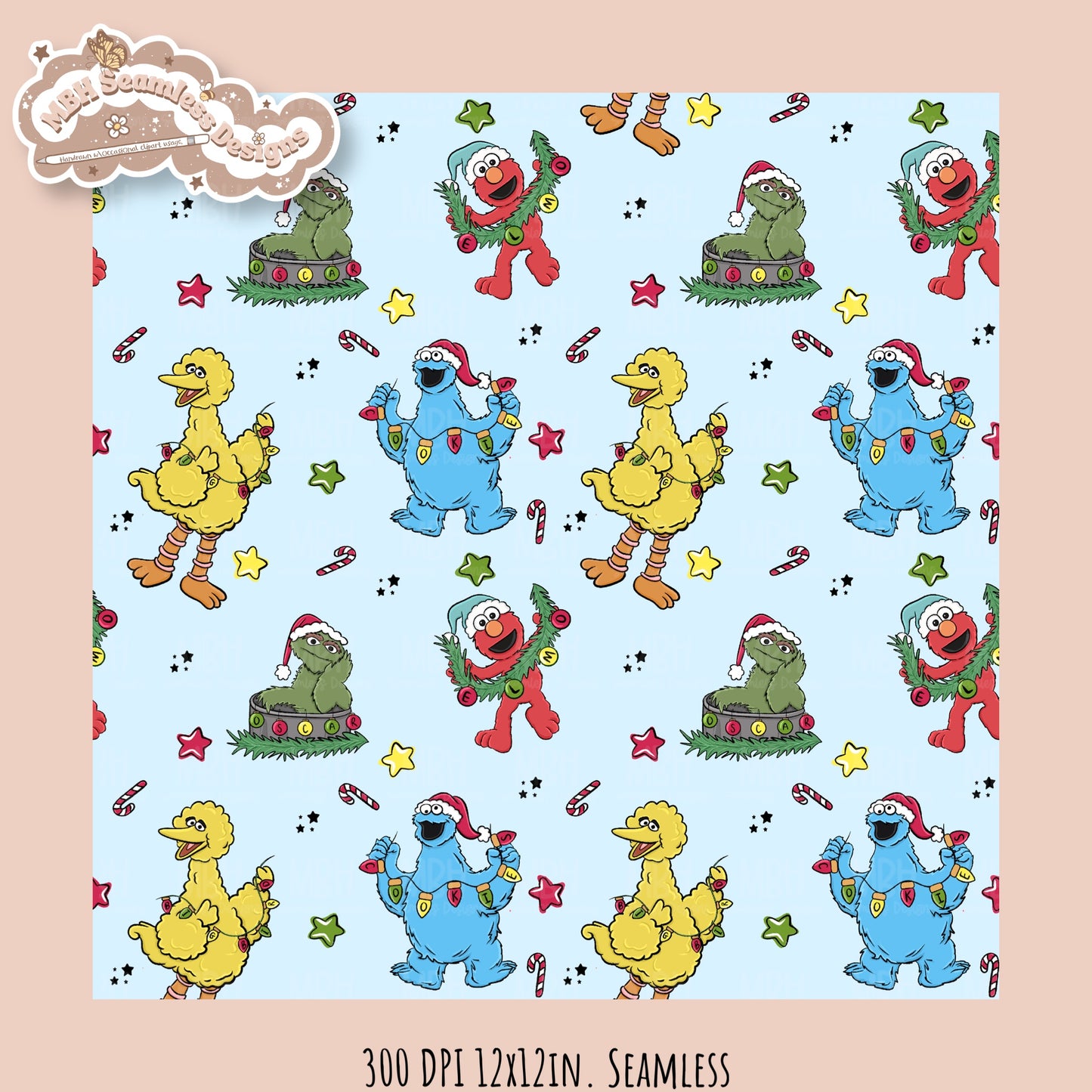 Christmas Sesame Street Seamless Pattern // PNG // Assorted Colorways