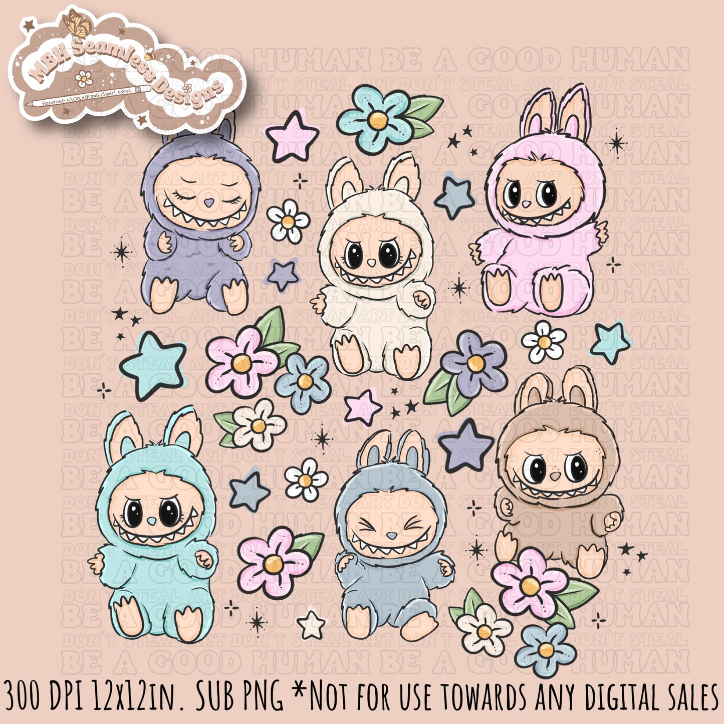 Labubu Floral Seamless Pattern & PNGs Assorted Colorway Options