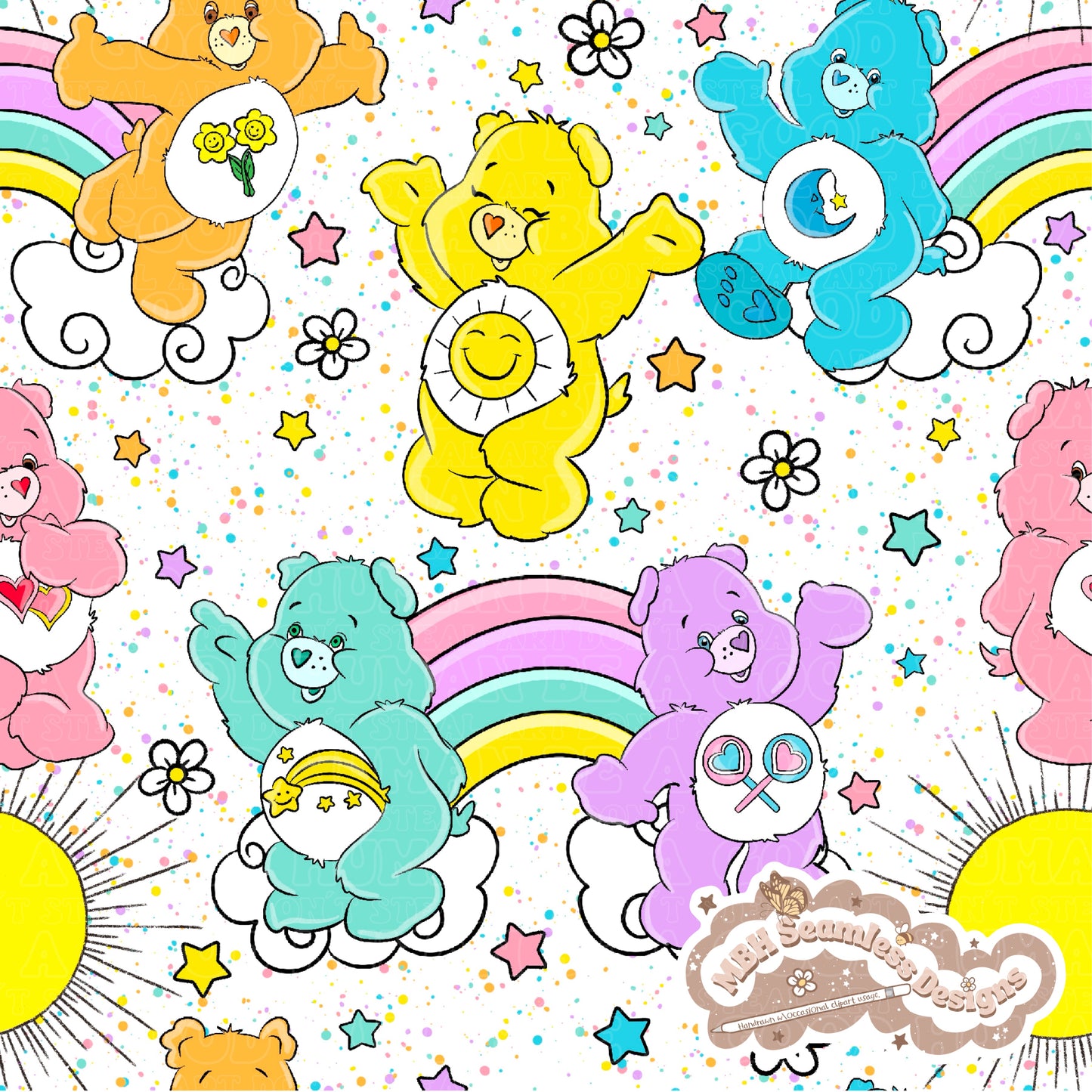 Starry Daisy Care Bears Seamless Pattern & PNG MULTIPLE COLORWAYS