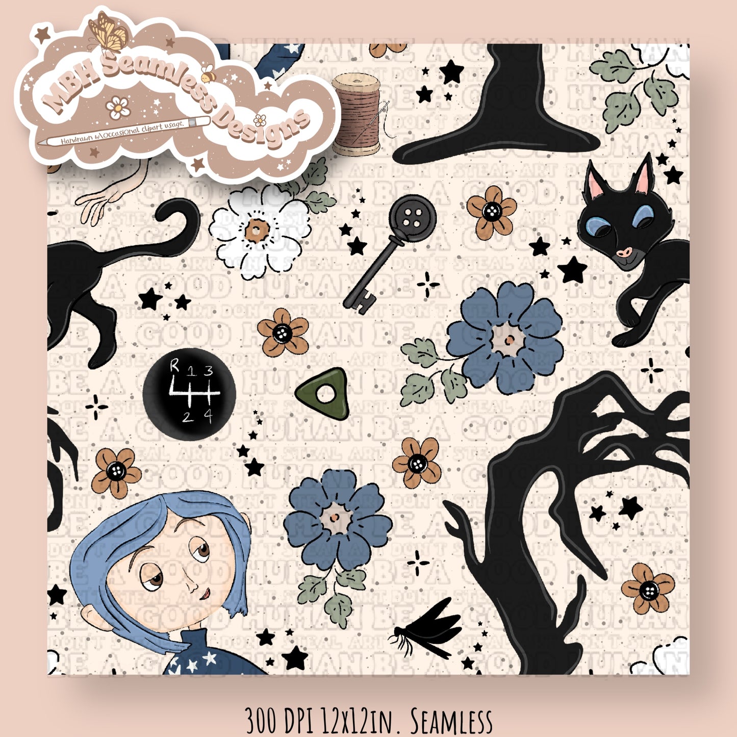 EXCLUSIVE Boho Floral Button Eye Girl & Coordinate Seamless Pattern (NO FABRIC SHOPS)