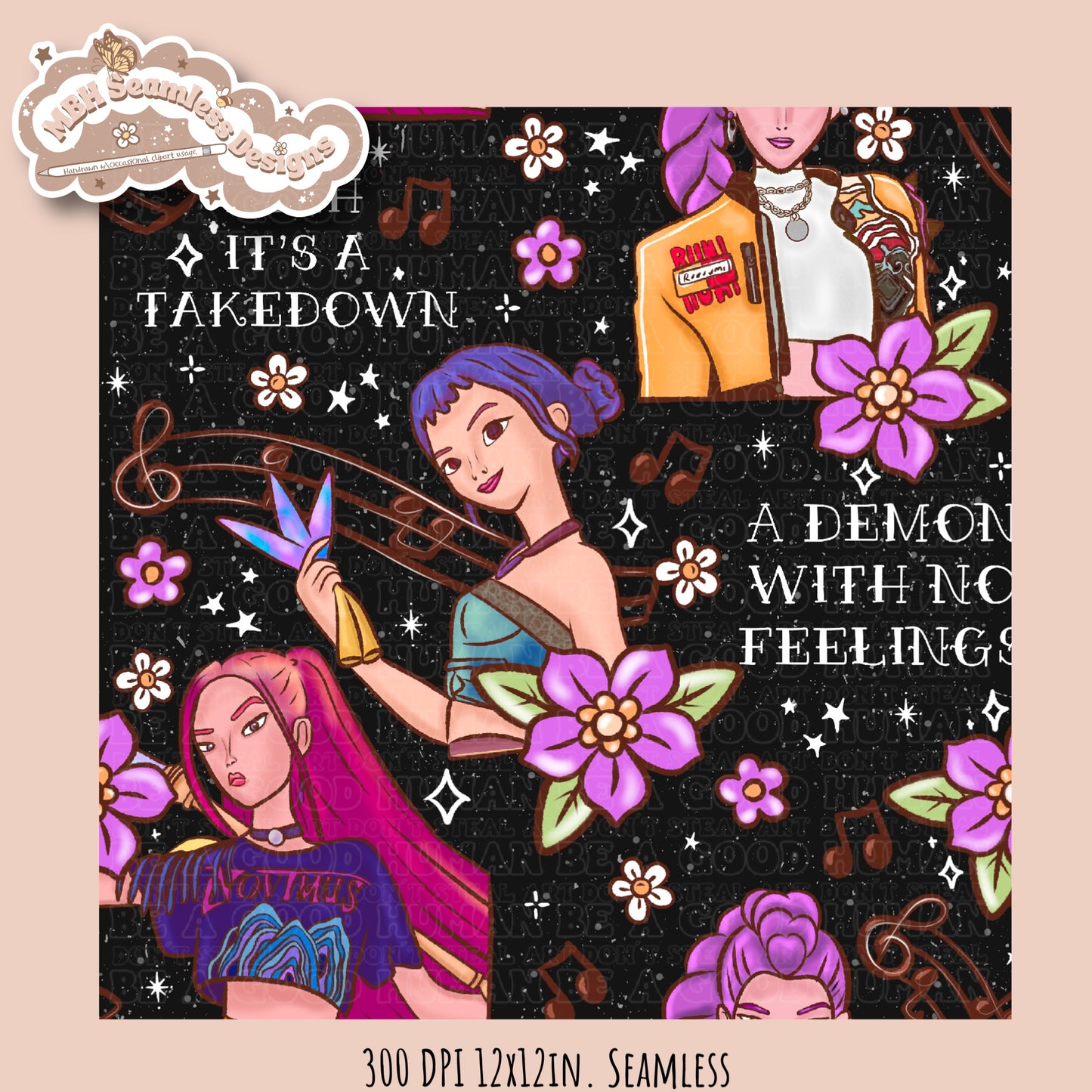 Demon Hunters x Tattoo Lyrics Seamless Pattern // PNG // Assorted Colorways