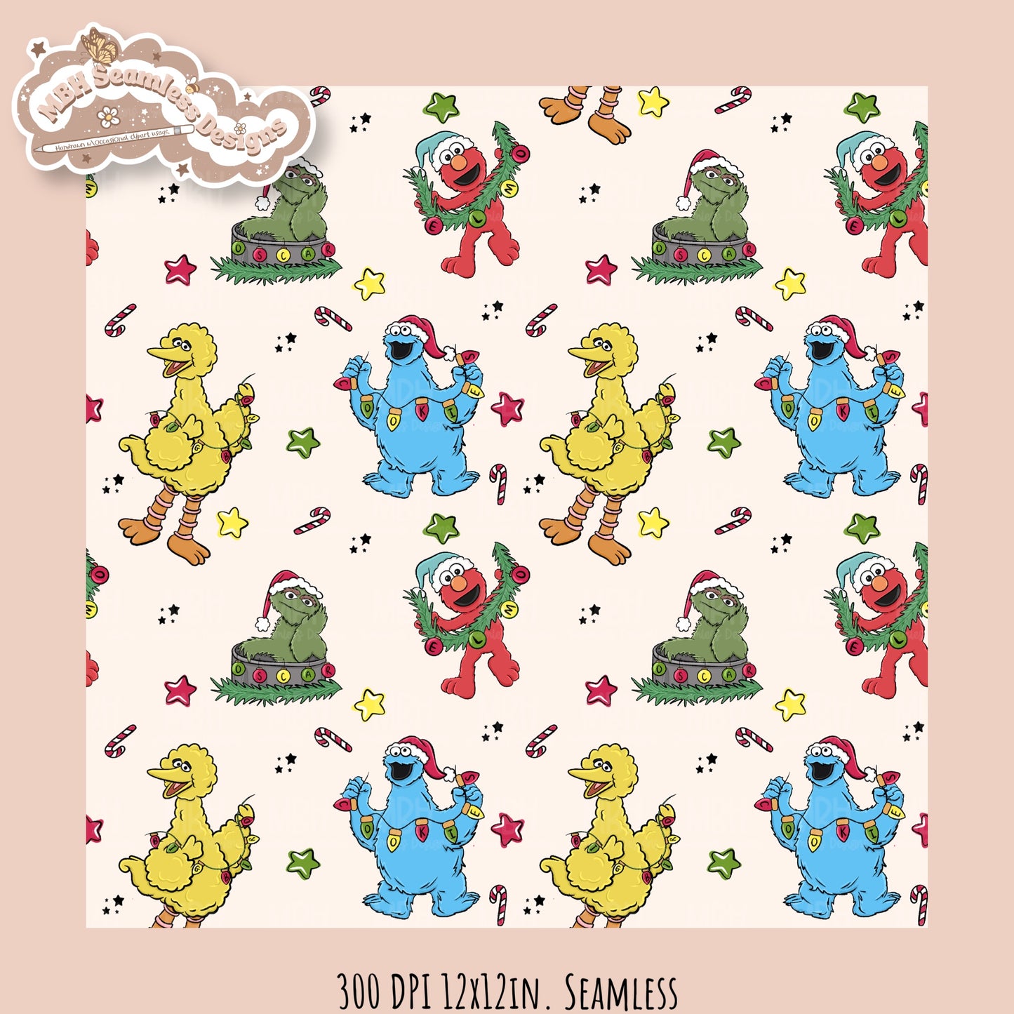 Christmas Sesame Street Seamless Pattern // PNG // Assorted Colorways