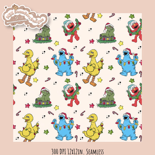 Christmas Sesame Street Seamless Pattern // PNG // Assorted Colorways