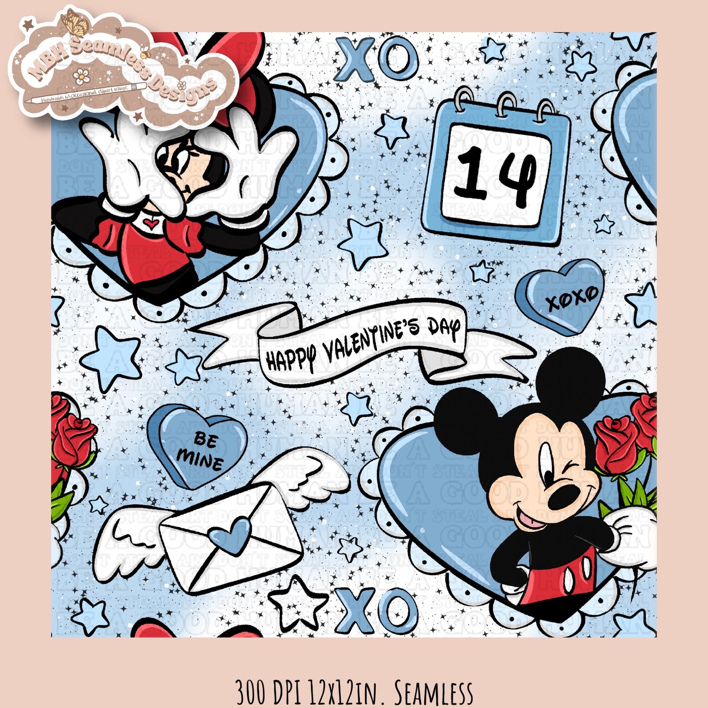 Blue Hearts Mouse Valentine Seamless Pattern Multiple Colorways