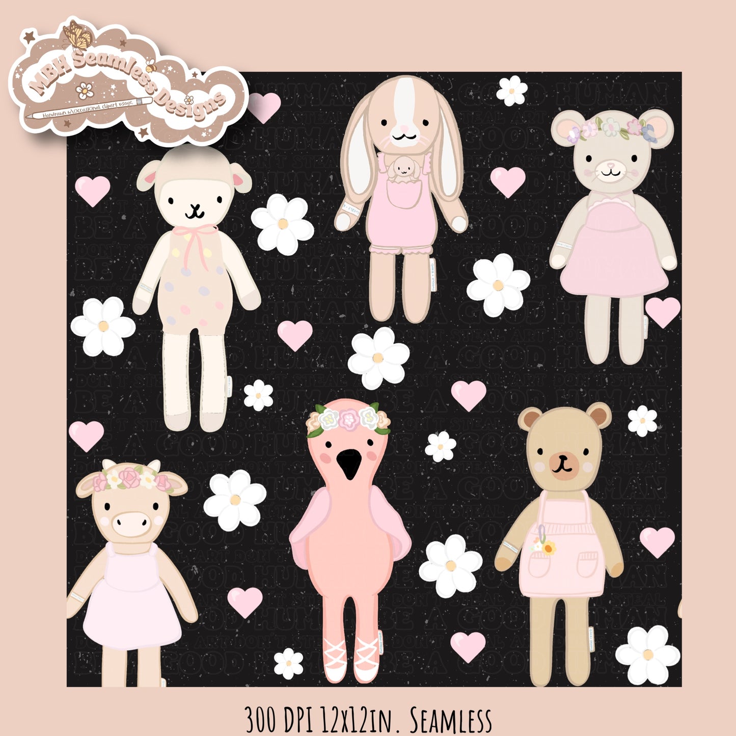 Cuddle + Kind Dolls Dainty Floral Hearts Seamless Pattern // Multiple Colorways