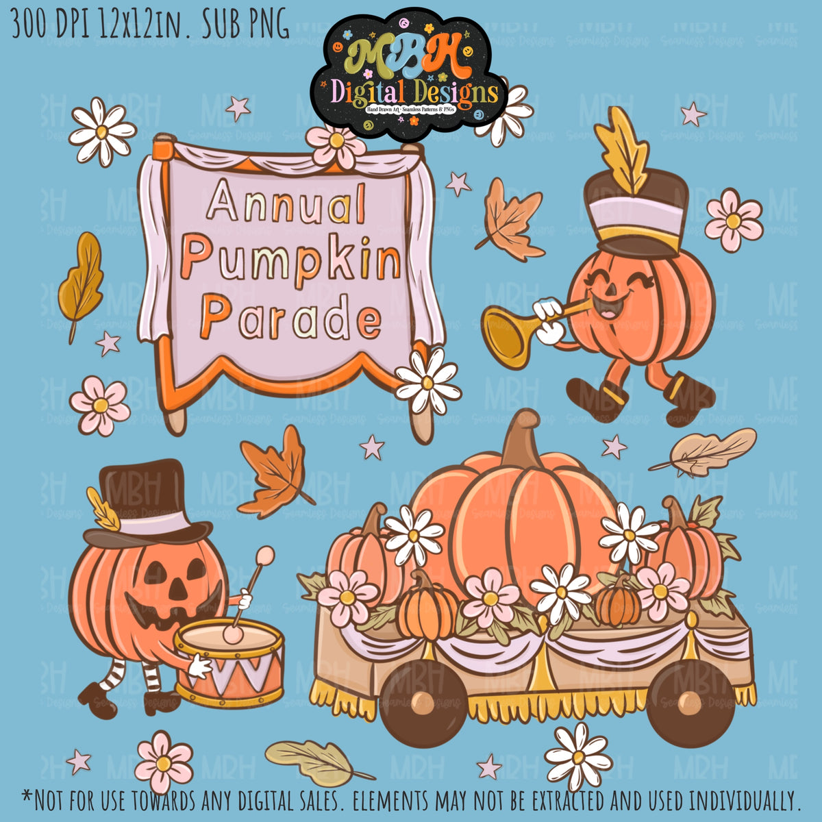 Boho Pumpkin Parade Seamless Pattern// PNG// MULTIPLE COLORWAYS