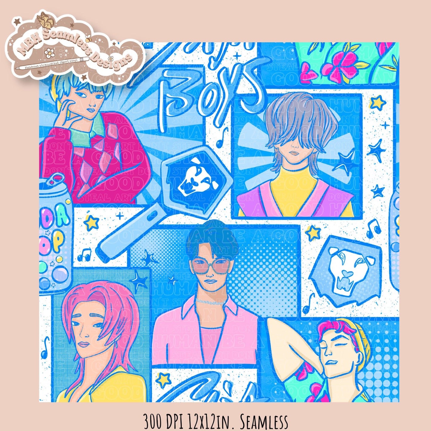 Blue Comic Soda Pop Boys Seamless Pattern // Assorted Colorway Options