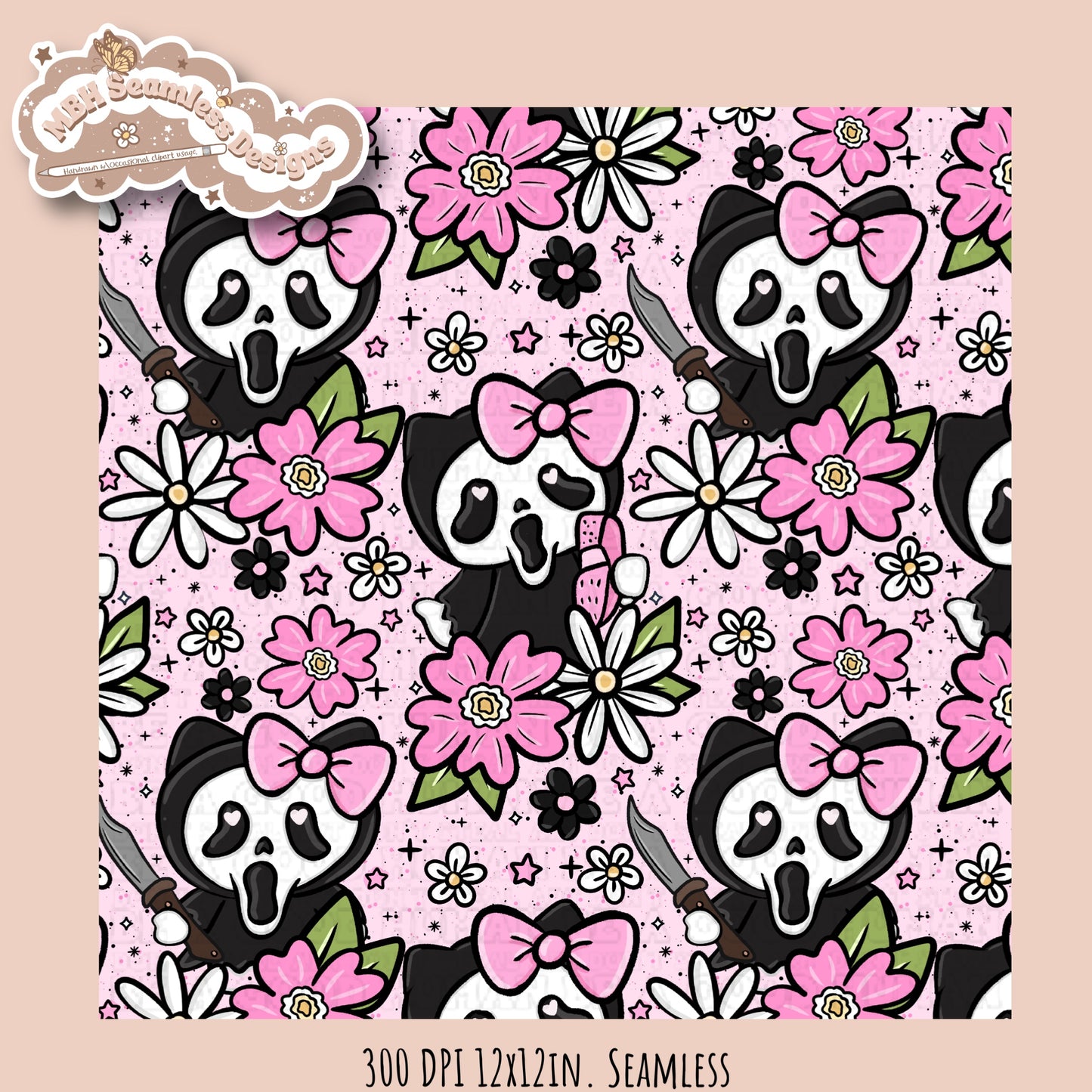 HK X Scream Tattoo Floral Seamless Pattern // PNG // Multiple Colorway Options