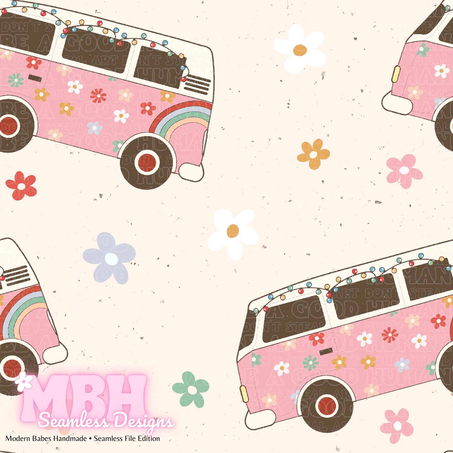 Holiday Hippie Bus Floral Seamless Pattern