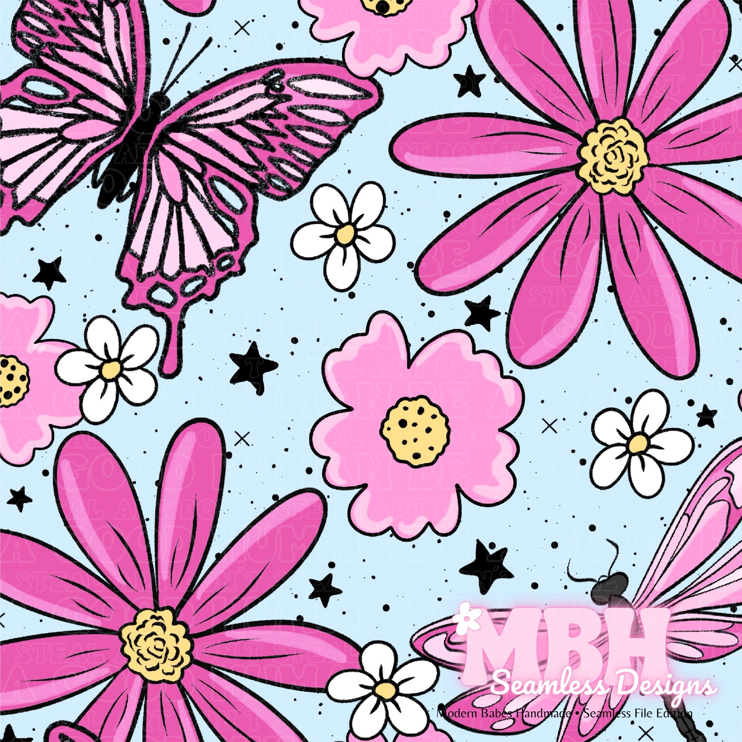 Pink Butterfly Dragonfly Floral Seamless Pattern MULTIPLE COLORWAYS