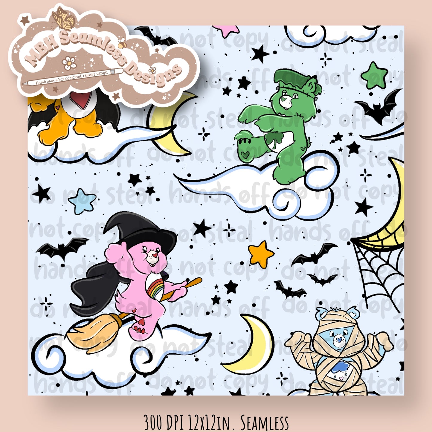 Spooky Care Bears Seamless Pattern // PNG • MULTIPLE COLORWAYS