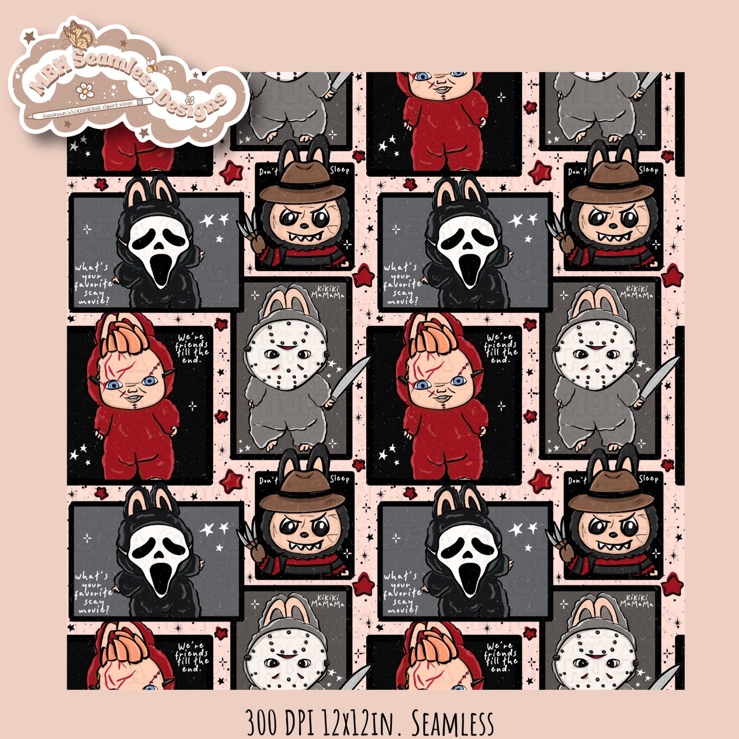 Labubu x Horror Seamless Pattern // PNG // Multiple Colorway Options