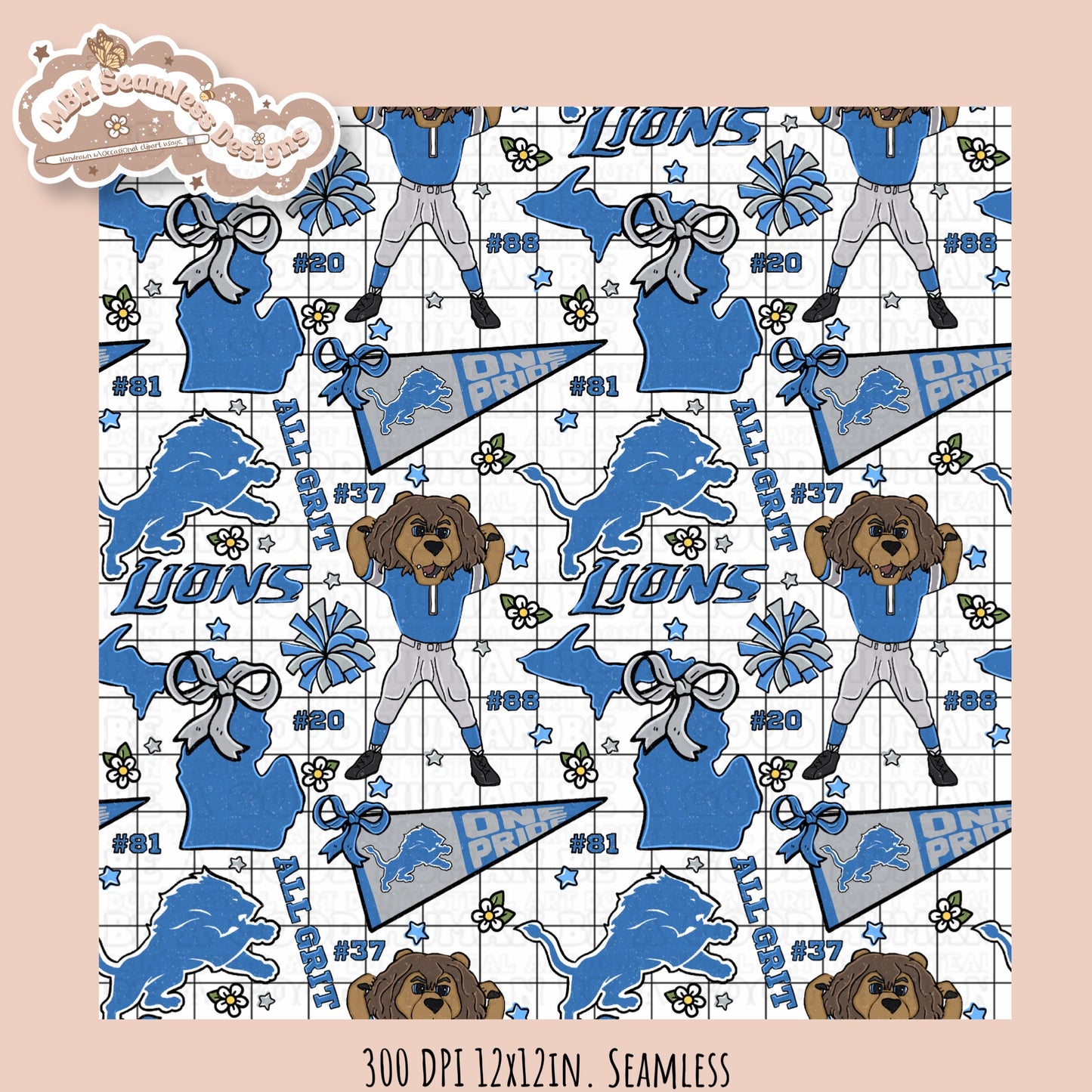 Lions x Daisies Football Seamless Pattern // Assorted Colorways