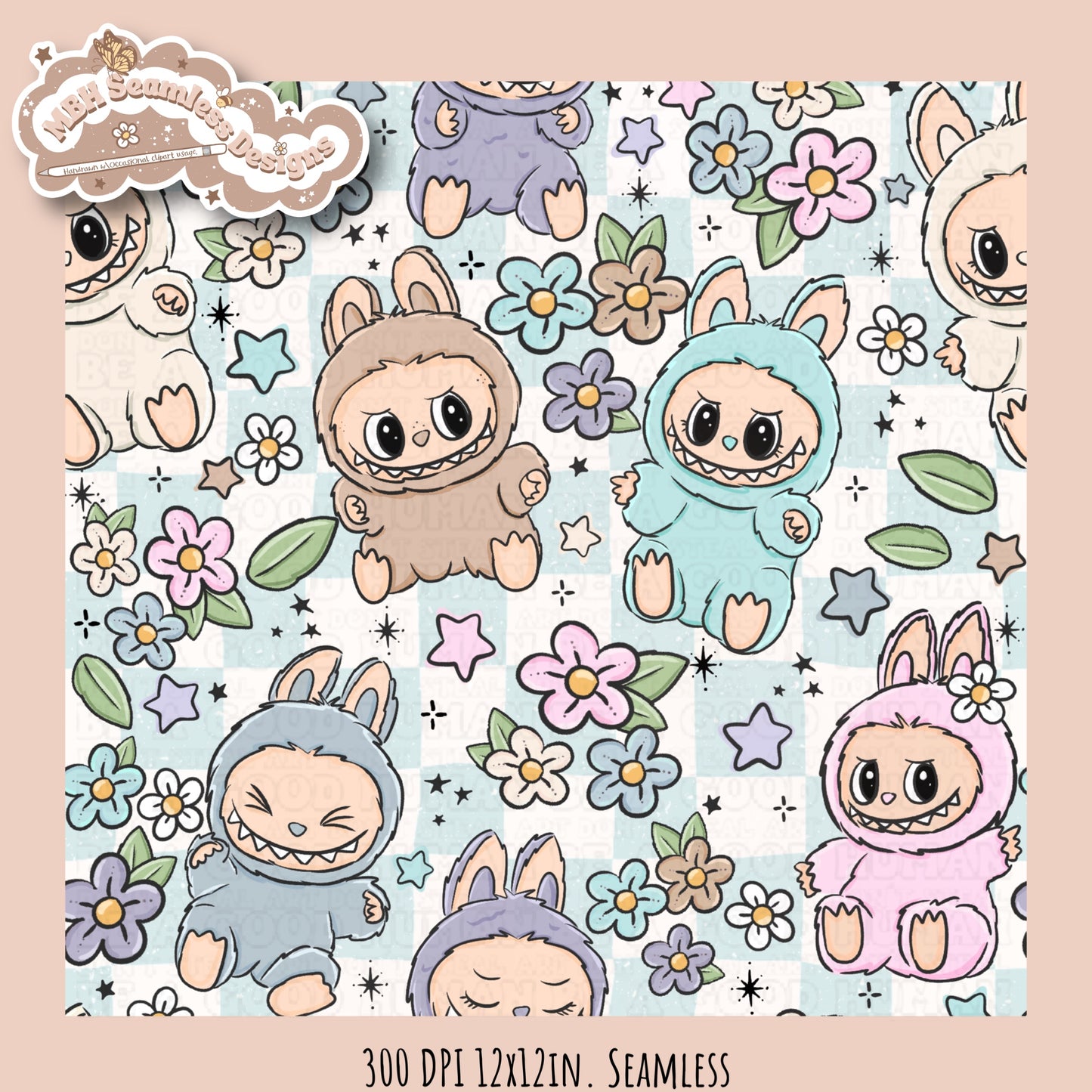 Labubu Floral Seamless Pattern & PNGs Assorted Colorway Options