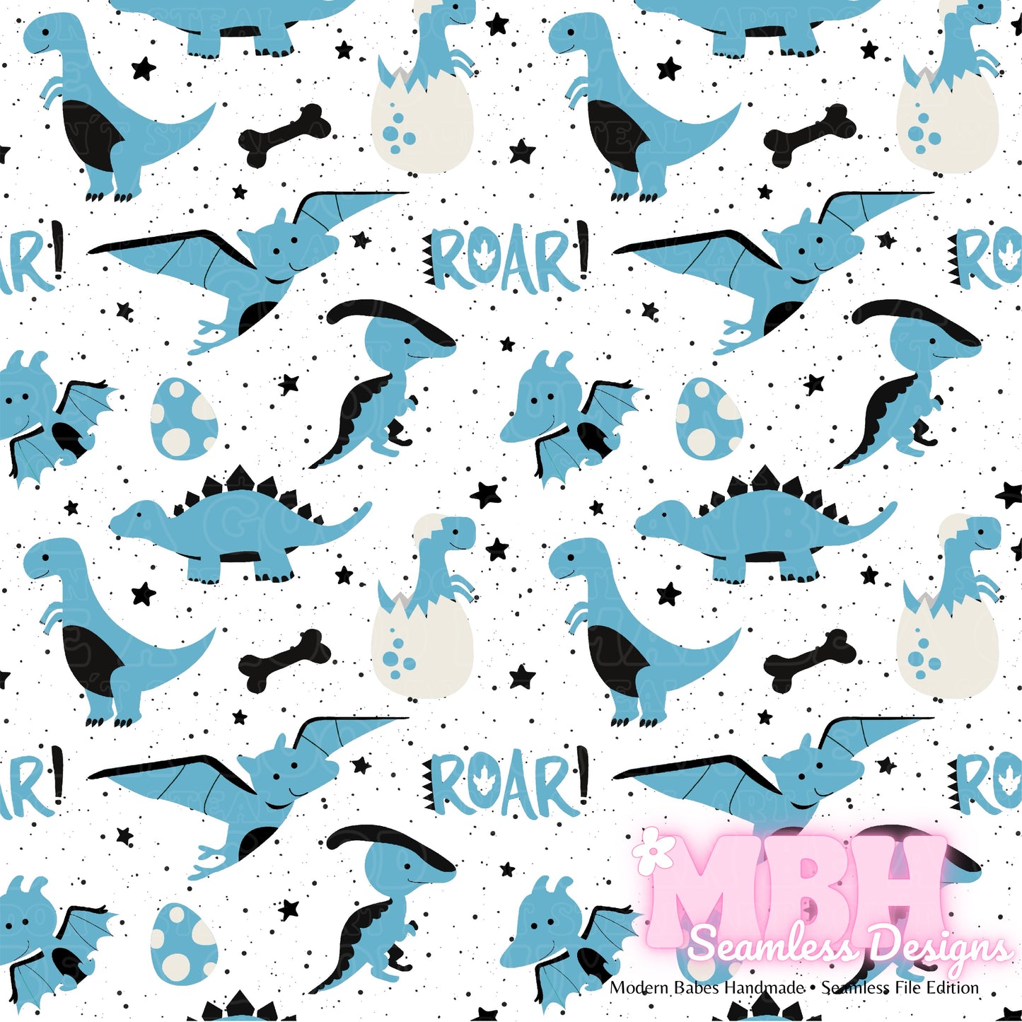 Starry Blue Dinosaurs Seamless Pattern