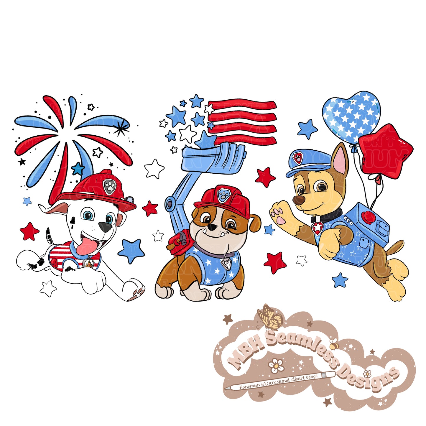 Patriotic Paw Patrol Seamless Pattern // PNG •MULTIPLE COLORWAYS