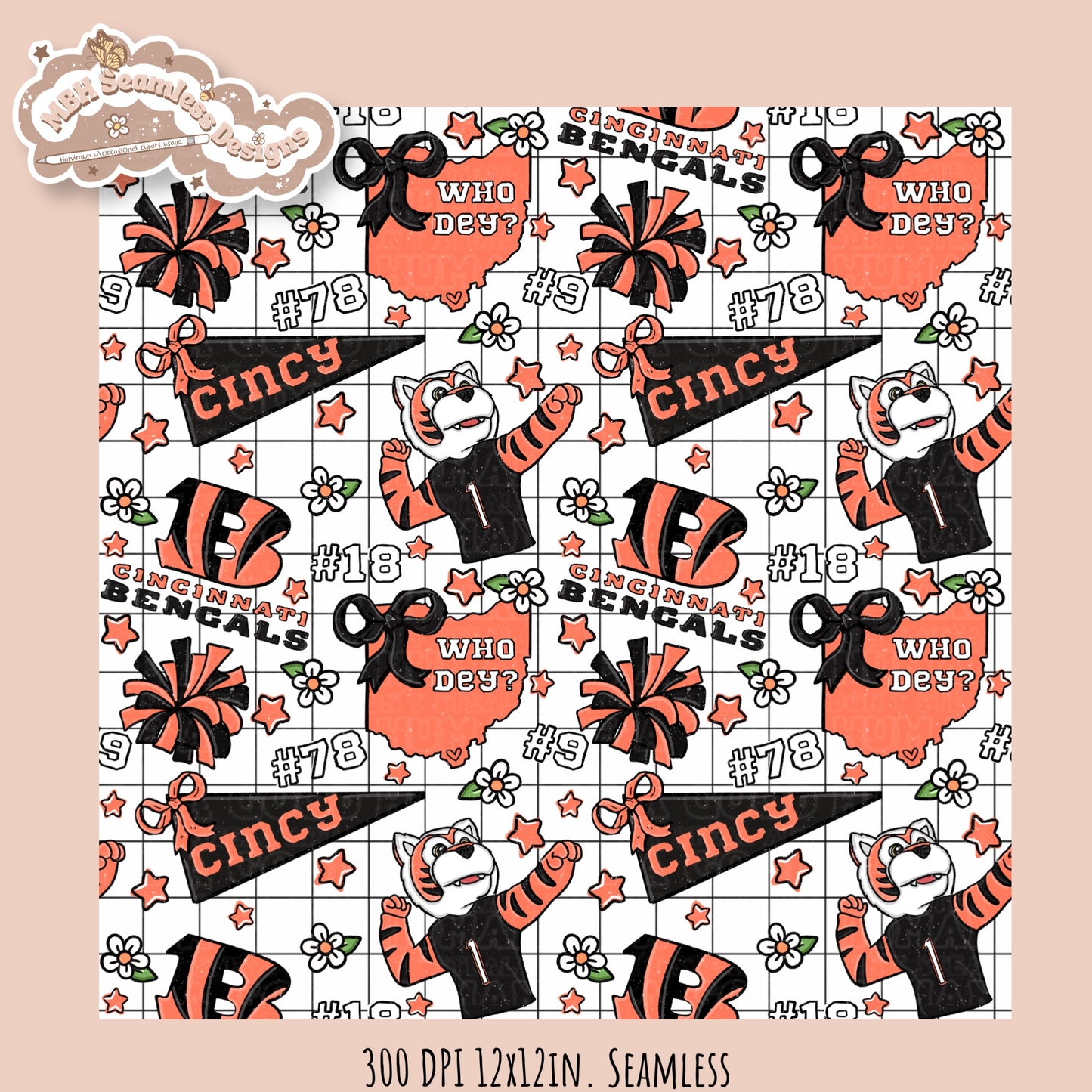 Bengals x Daisies Football Seamless Pattern // Assorted Colorways