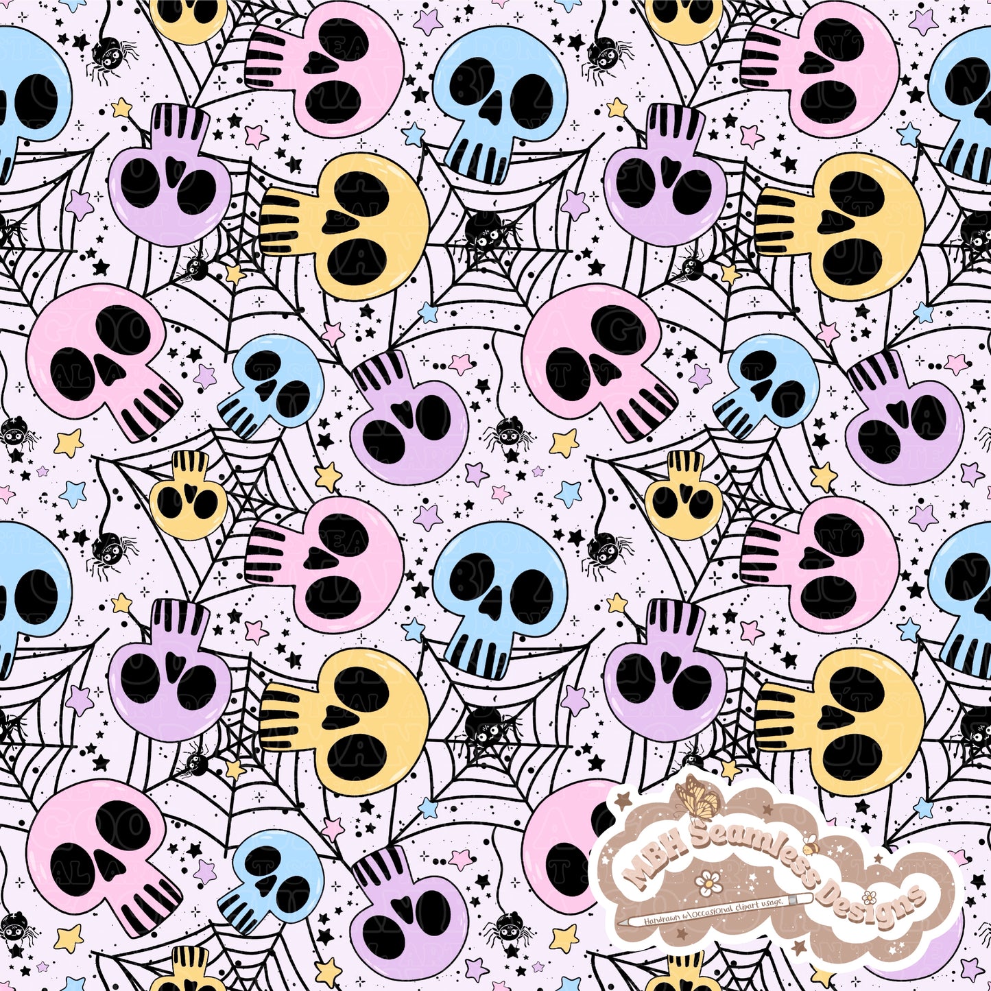 Pastel Spiderweb Skulls Seamless Pattern // COORDS • MULTIPLE COLORWAYS