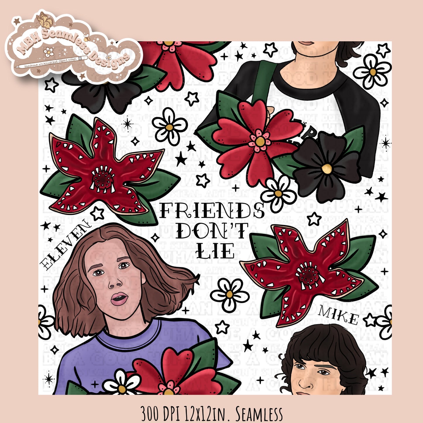 Stranger Things x Tattoo Floral Seamless Pattern // PNG //Multiple Colorways
