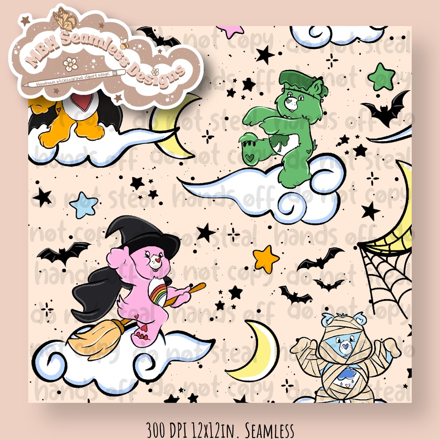 Spooky Care Bears Seamless Pattern // PNG • MULTIPLE COLORWAYS