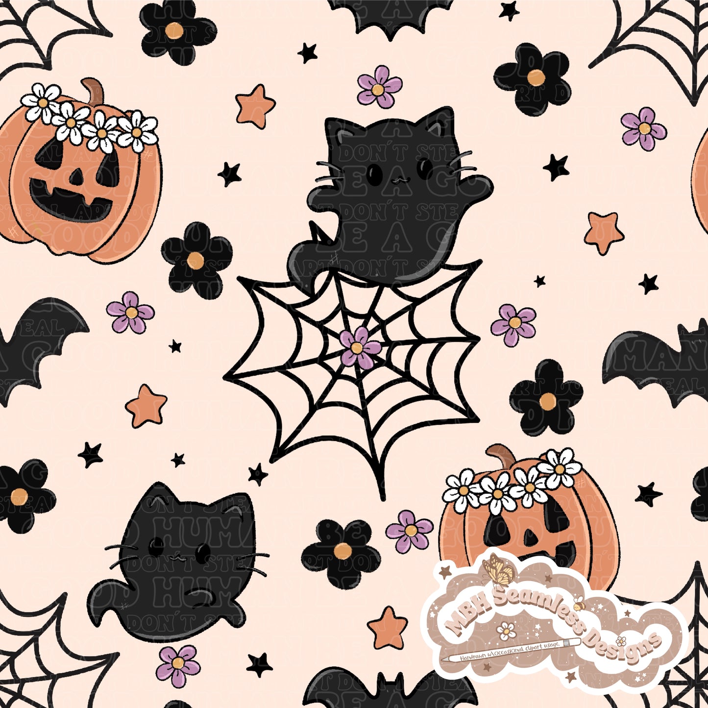Spooky Floral Ghost Cats Seamless Pattern MULTIPLE COLORWAYS // COORDINATE