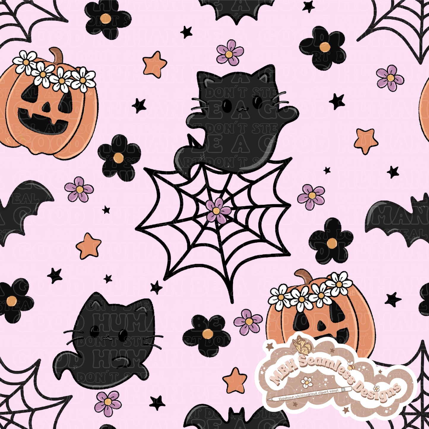 Spooky Floral Ghost Cats Seamless Pattern MULTIPLE COLORWAYS // COORDINATE