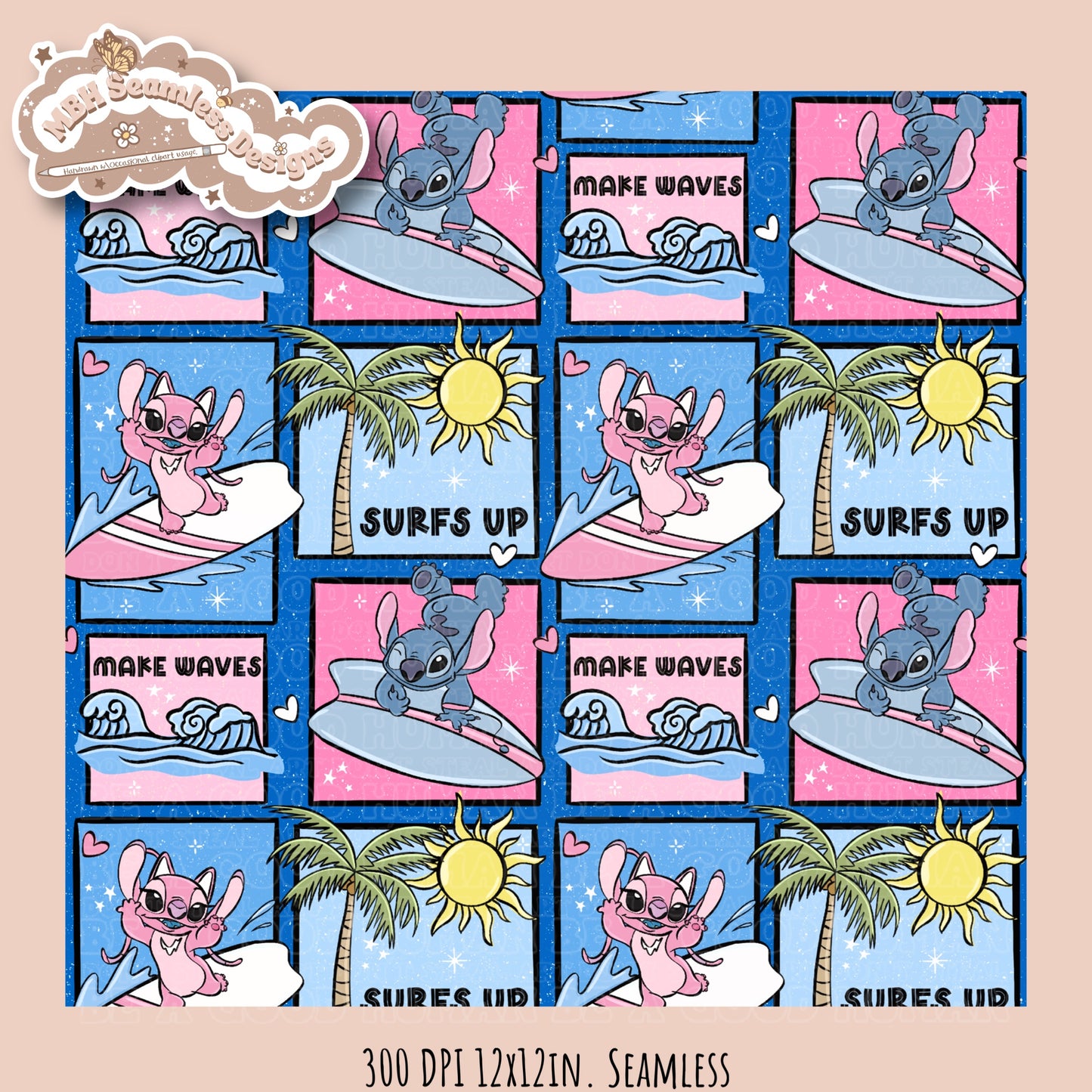 Angel & Stitch Surf Seamless Pattern•Multiple Colorway Options