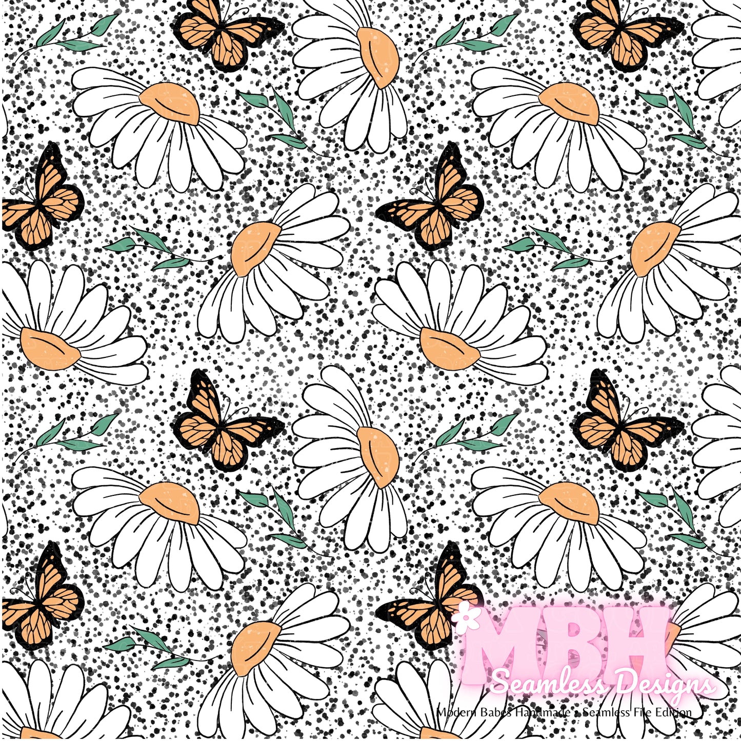 Spotted Butterfly Daisies Seamless Pattern
