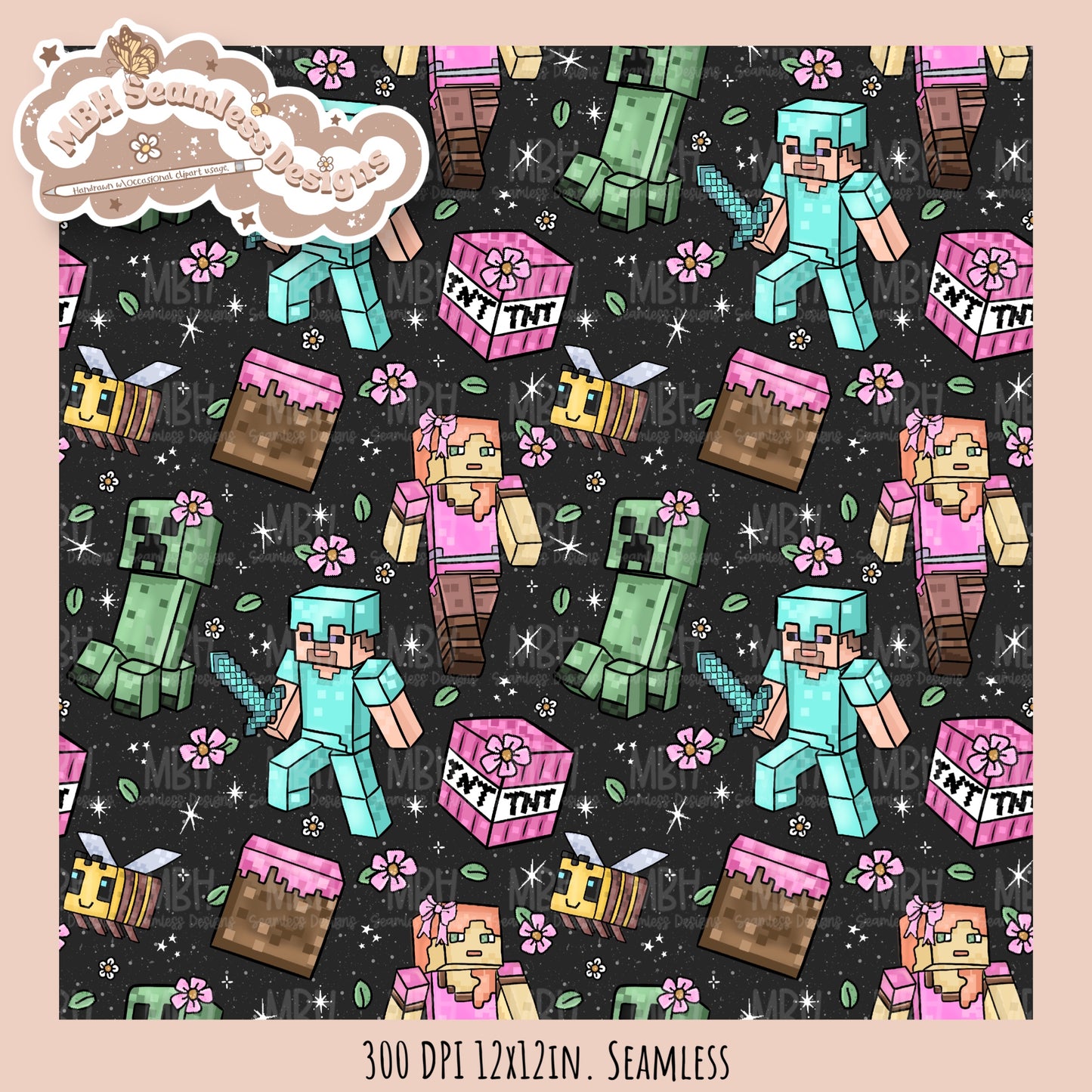 Girly Minecraft Seamless Pattern MULTIPLE COLORWAYS