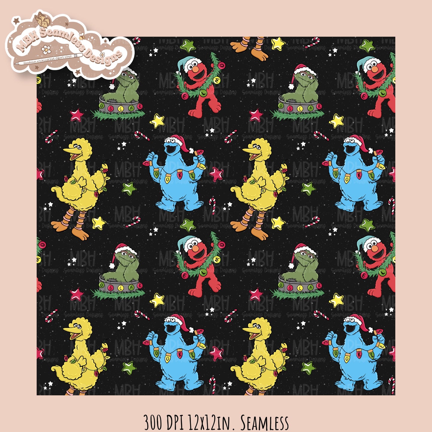 Christmas Sesame Street Seamless Pattern // PNG // Assorted Colorways