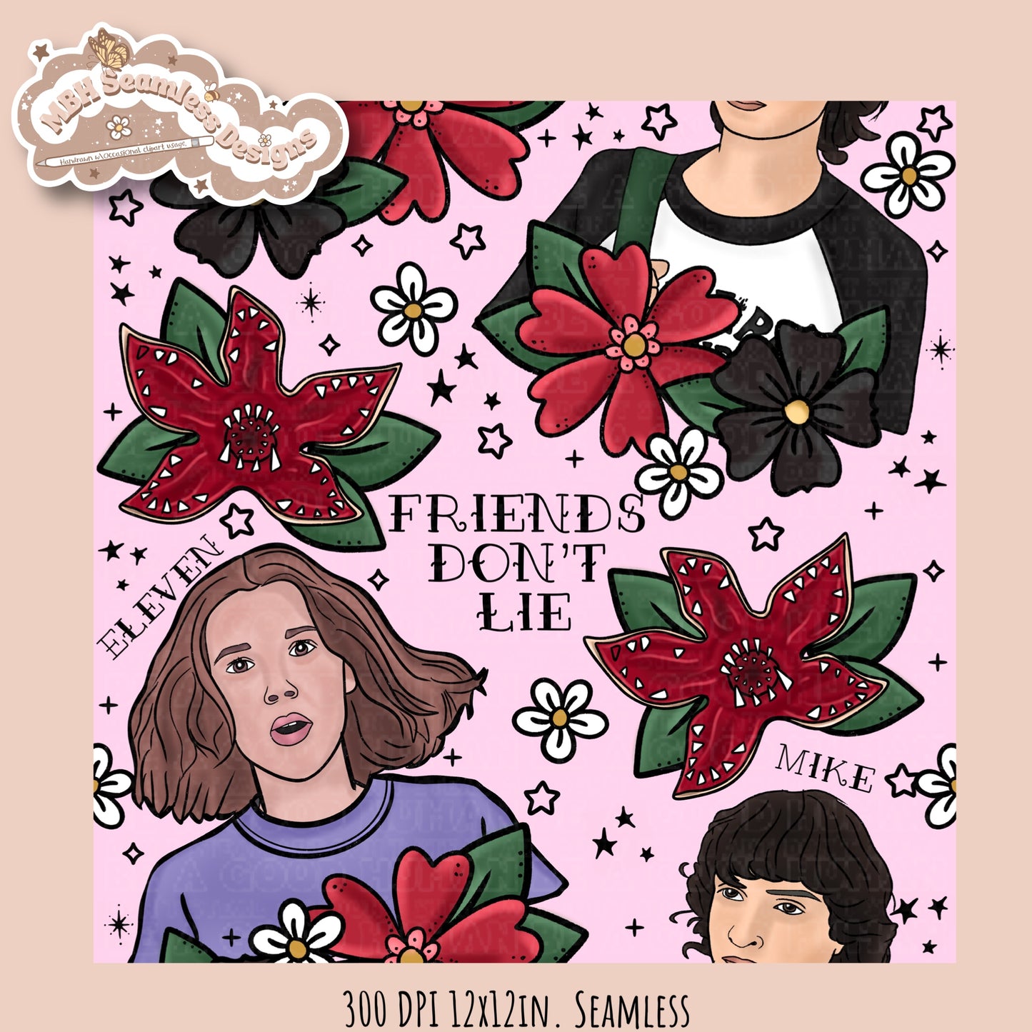 Stranger Things x Tattoo Floral Seamless Pattern // PNG //Multiple Colorways