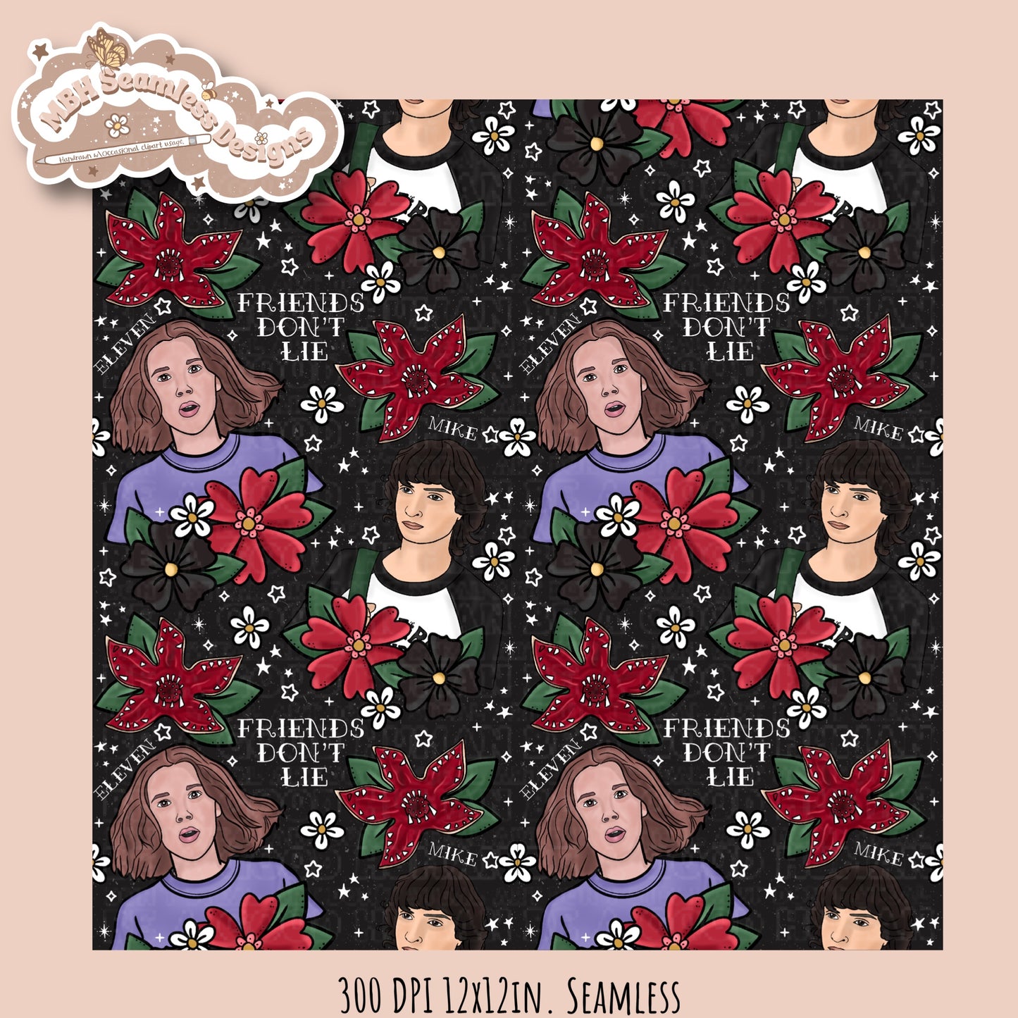Stranger Things x Tattoo Floral Seamless Pattern // PNG //Multiple Colorways