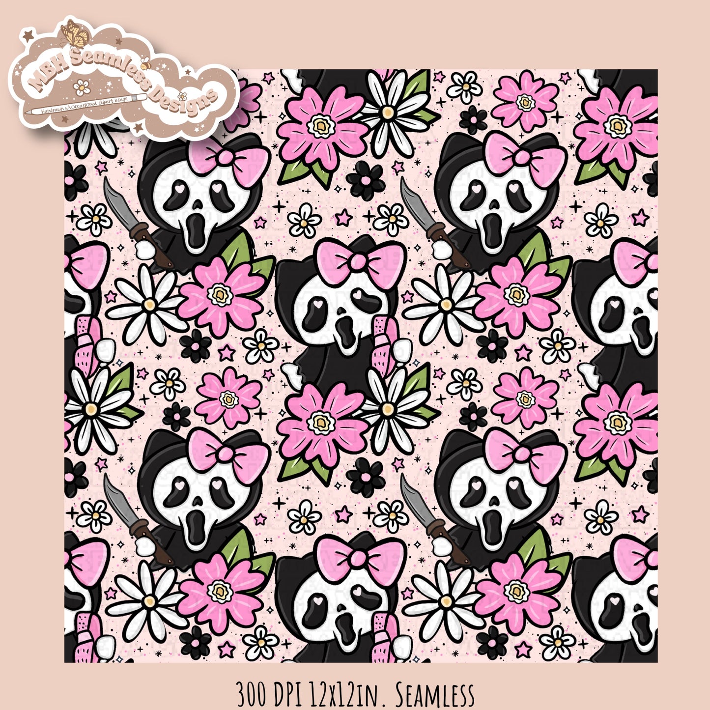 HK X Scream Tattoo Floral Seamless Pattern // PNG // Multiple Colorway Options